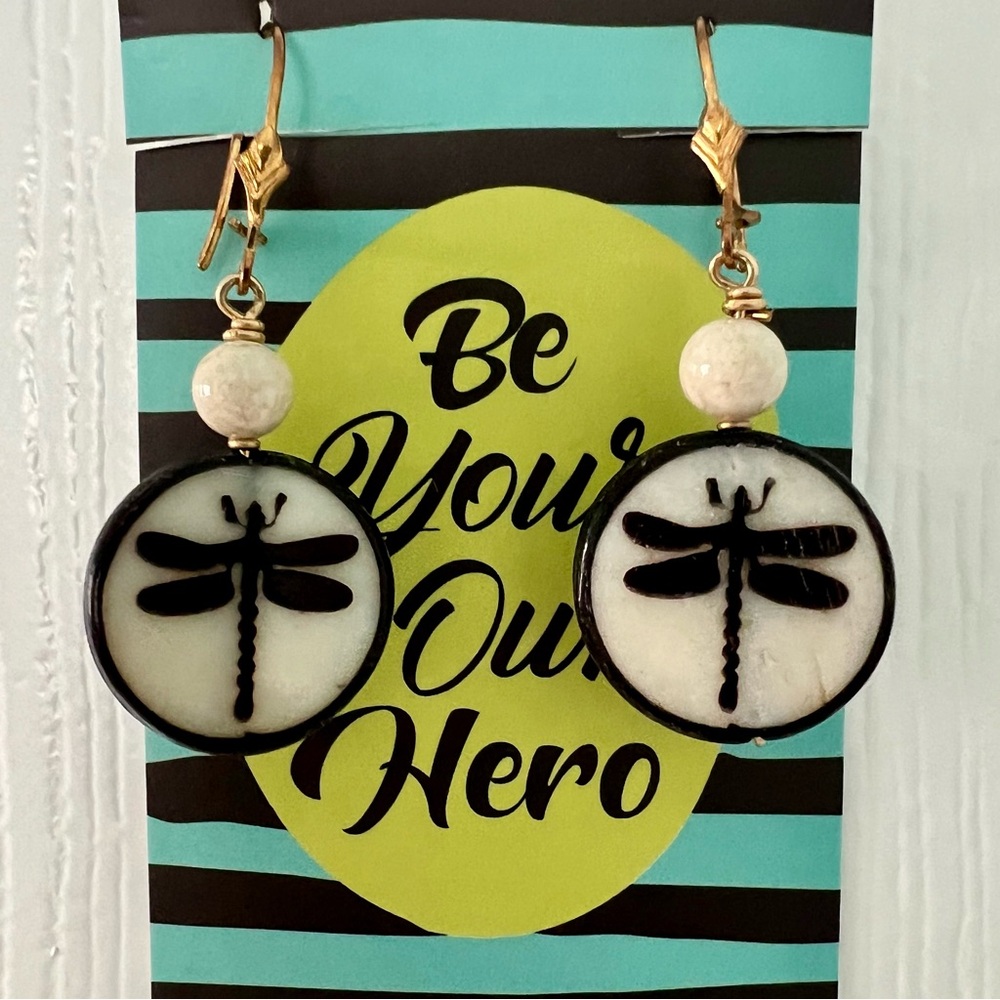 Dragonfly Dangle Earrings in Black and Cream